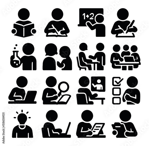 Learning activities icon collection. simple compose study, teaching, classroom, writing, science, learning