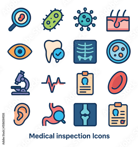 Medical inspection icon collection: simple linear health tools, tooth, microscope, eye, heartbeat