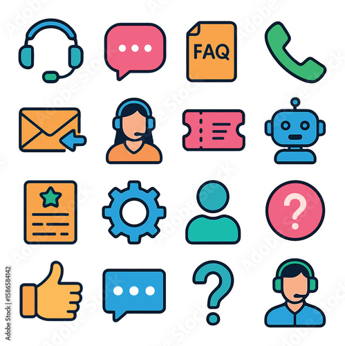 Customer support icon collection. simple help desk, chat, headset, faq, phone, email,