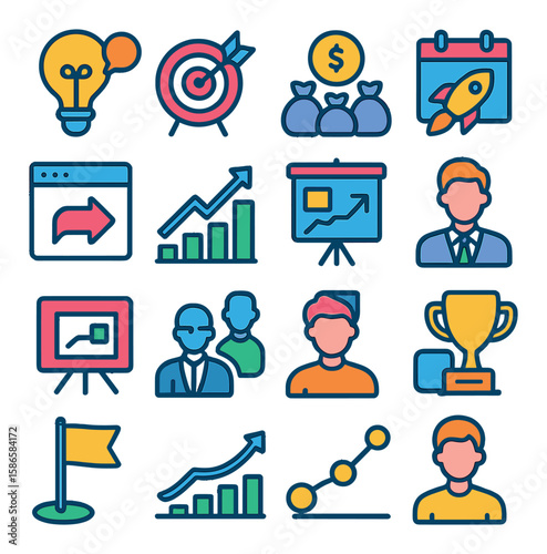 Startup milestone icon collection: simple flat icons for growth, success, goal, trophy,
