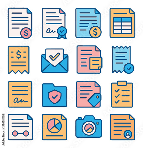 Vibrant audit icon collection. financial, document, checklist, email, badge, graph, camera