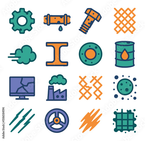 Industrial grunge icon collection. gears, factory, pipe, bolt, barrel, grid, smoke, flat