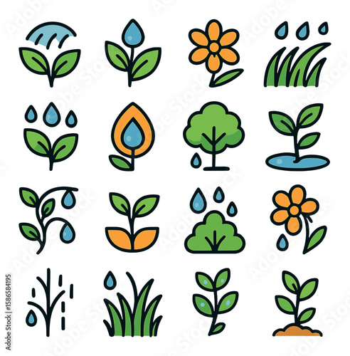 Plant rain icon collection. vibrant nature, flower, drop, tree, grass, water simple