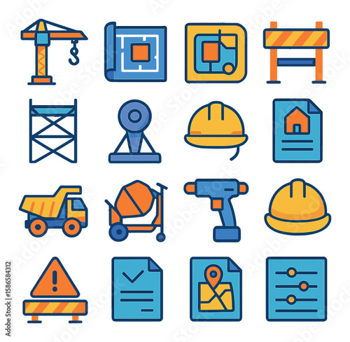 Construction icon collection: colorful simple tools. helmet, blueprint, crane, drill