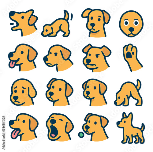 Dog communication icon collection: simple canine expressions and actions flat icons