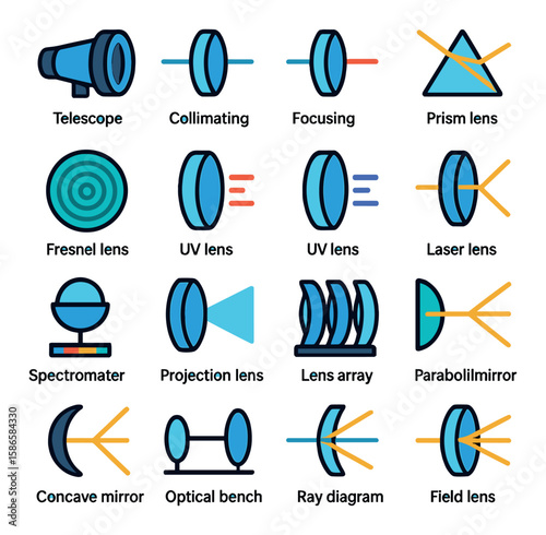 Scientific lens icon collection: colorful simple icons for telescope, prism, laser,