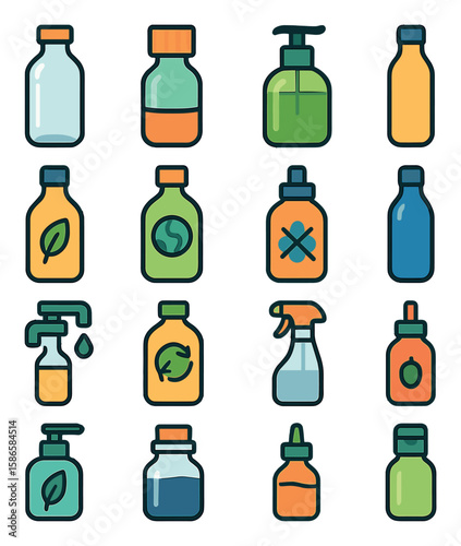 Zero waste bottle icon collection. eco-friendly simple bottles. recycling, soap, spray, drop, leaf, refill silhouette