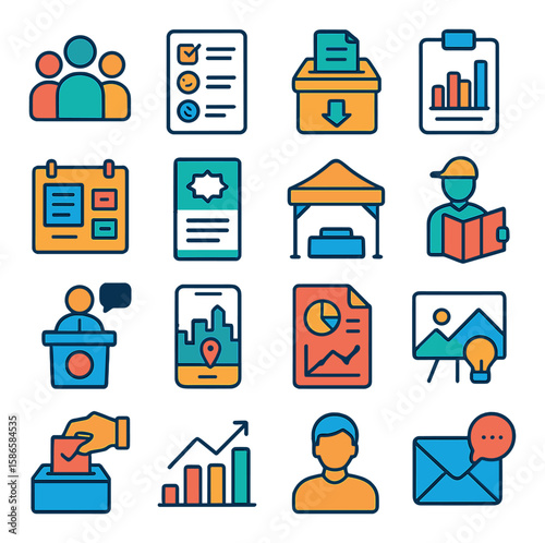 Community icon collection: simple flat style. team, checklist, tent, vote, email, chart