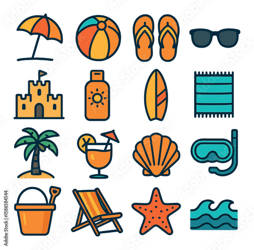 Beach icon collection. vibrant simple beach ball, surfboard, flip-flops, shell, palm, snorkel