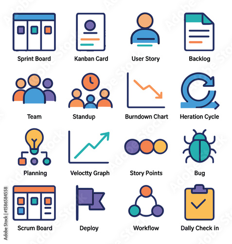 Agile icon collection: simple flat design. sprint, kanban, user, backlog, standup, burndown