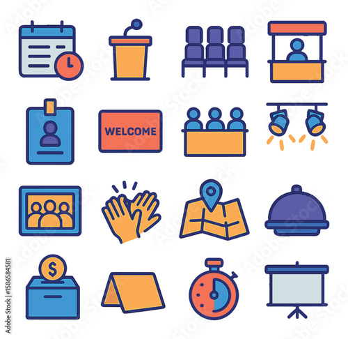 Nonprofit event icon collection: simple linear style. badge, welcome, map, podium, donation