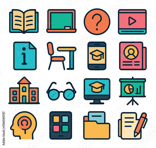 Educational icon collection. modern school and learning flat icons. book, computer, school, chart