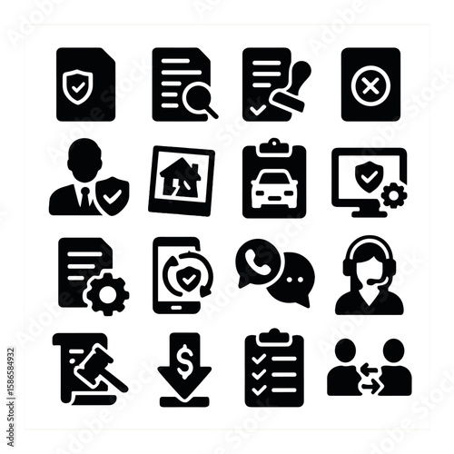 Insurance icon collection: simple silhouette policy, claim, agent, home, car, support