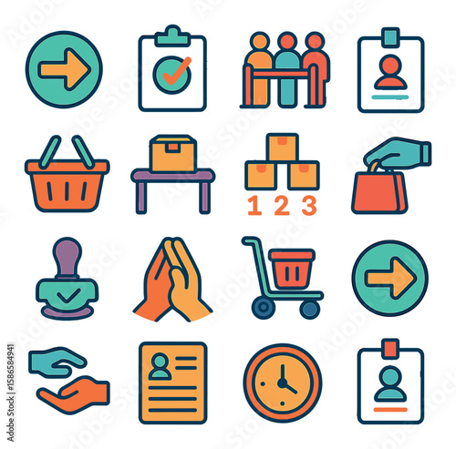 Distribution icon collection: vibrant simple icons for logistics. arrow, shopping, package, hand