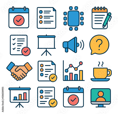 Meeting icon collection: modern office, linear style with calendar, chart, coffee, and more