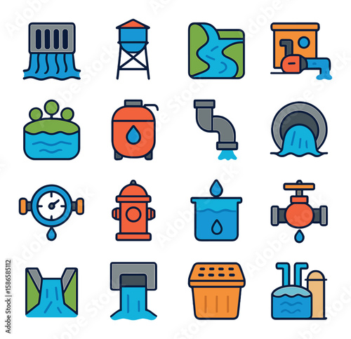 Water systems icon collection. simple linear style: pipe, hydrant, reservoir, valve, dam
