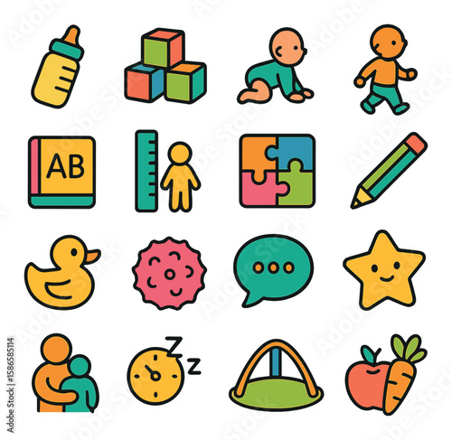Child development icon collection. educational, learning, playful elements flat kids