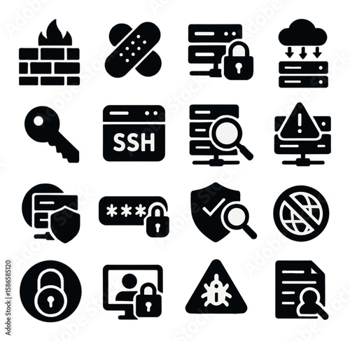 Server security icon collection. silhouette firewall, lock, cloud, key, ssh, malware, alert