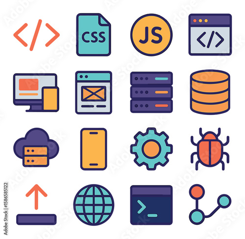 Web development icon collection. simple linear coding, css, javascript, server, database