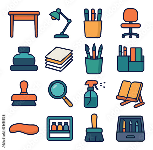 Modern calligraphy icon collection: simple silhouette art tools, desk, ink, chair, brush