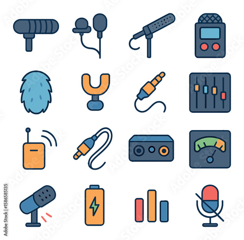 Audio gear icon collection. simple linear microphone, headphones, mixer, battery, mute
