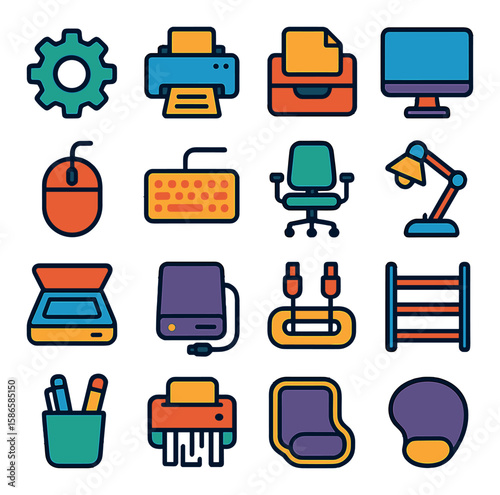 Modern office icon collection. simple workstation, printer, document, chair, monitor, keyboard