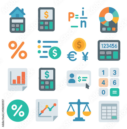 Financial calculators icon collection. simple compose style. currency, chart, percentage, balance, scale, graph