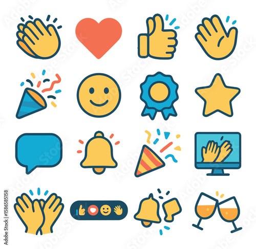 Vibrant reaction icon collection. simple reactions, celebration, thumbs up, clapping, heart, star, bell, smile, chat,
