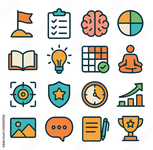 Personal growth icon collection. focused simple concepts: flag, brain, meditation, shield