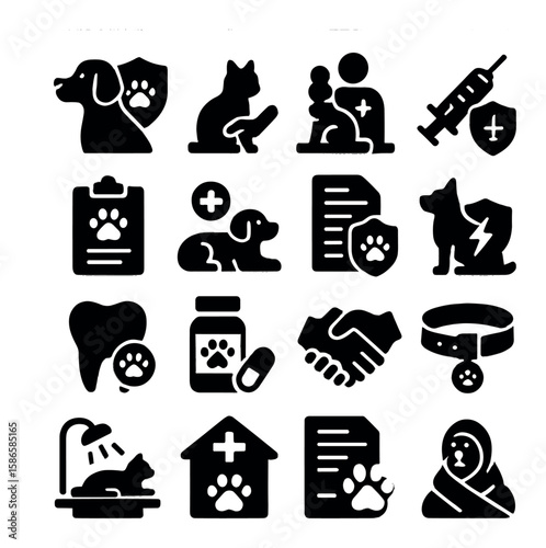 Pet care icon collection: silhouette animal health symbols. dog, cat, vet, vaccine, collar