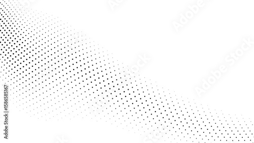 A minimalist abstract background featuring a dense arrangement of black dots that gradually decrease in size and density, creating a diagonal gradient effect across a clean white canvas.