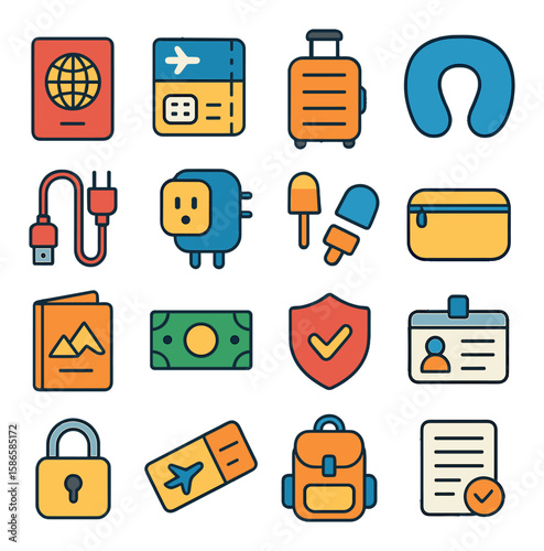 Travel essentials icon collection. simple travel, luggage, passport, ticket, backpack, sleep mask, adapter, currency, security