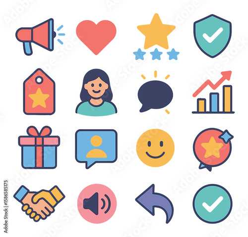 Brand advocacy icon collection. business promotion simple icons. megaphone, heart, star, shield, tag, person, chart, gift, comment, smile, handshake, arrow