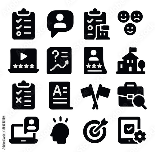 Academic survey icon collection. simple silhouette icons. survey, checklist, questionnaire, feedback, analytics, education, assessment,
