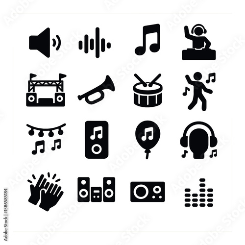 Music celebration icon collection. simple festival silhouette icons: speaker, note, dj, drum, dance
