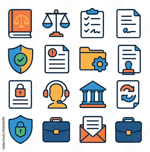 Legal icon collection. simple linear style law, scales, document, shield, folder, court