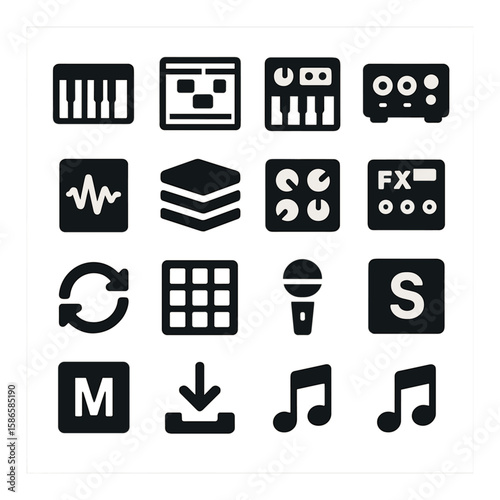 Music production icon collection. simple compose tools: keyboard, mixer, microphone, linear