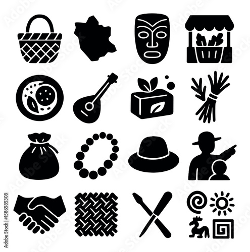 Cultural icon collection: silhouette icons of basket, map, mask, market, necklace, hat,