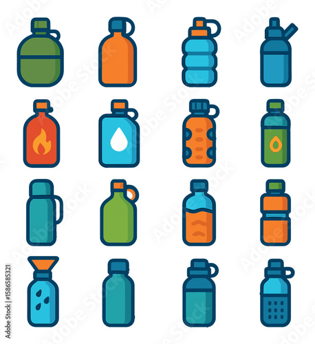 Survival bottle icon collection. emergency drink containers flat style. water, fuel, oil, canteen, flask, hydration