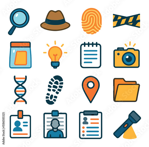 Crime investigation icon collection. simple detective tools, linear style badge, dna, evidence, camera