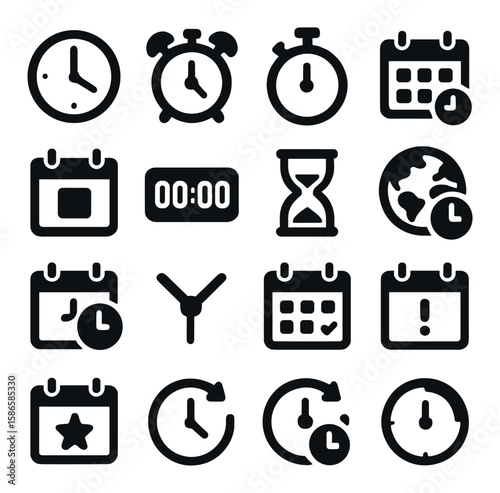 Time icon collection. simple linear clocks, calendars, hourglass, stopwatch, timer
