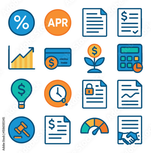Financial icon collection: business, credit, money, budget, investment, savings flat