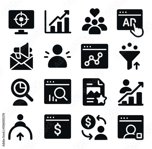 Digital marketing icon collection. simple silhouette icons: graph, email, analysis, funnel, search, money,