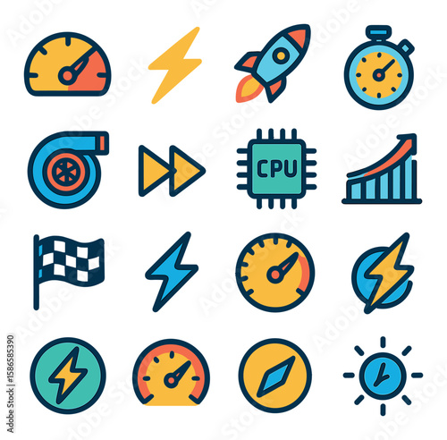 Performance icon collection: simple vibrant icons for speed, rocket, stopwatch, graph