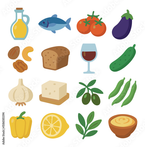 Mediterranean diet icon collection. simple flat icons: olive oil, fish, tomato, bread, wine, cheese, more