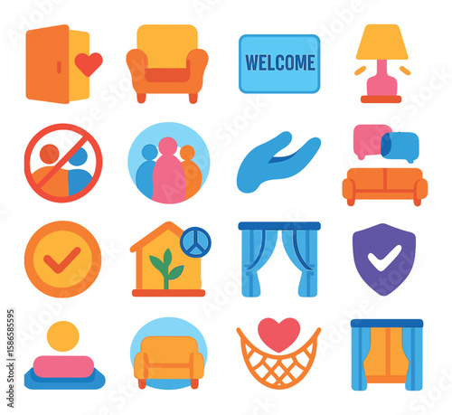 Safe spaces icon collection. minimalistic silhouette style: heart, sofa, welcome, checkmark, family