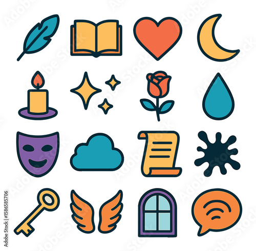 Artistic icon collection: vibrant feather, book, heart, moon silhouettes and more