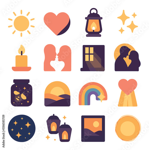 Love and light icon collection. romantic, lantern, candle, sunset, rainbow, heart silhouette