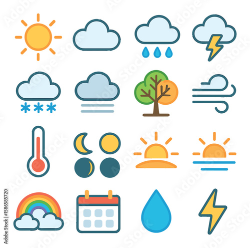 Vibrant weather icon collection. simple style sun, cloud, rain, storm, tree, calendar