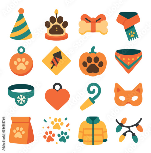 Dog holiday icon collection. festive companion silhouettes: party hat, bone, paw, pumpkin, lights